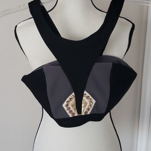 COSTUME: Crop Top: Zipper, Gray,Black,Gold,Cream\